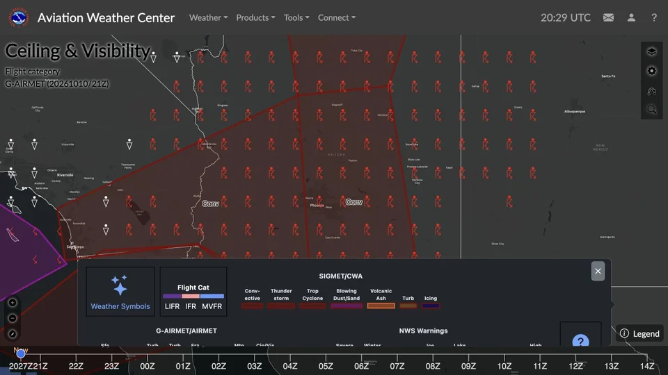AWC Ceiling and Visibility forecast map over Arizona with its open legend and UTC timeline visible.