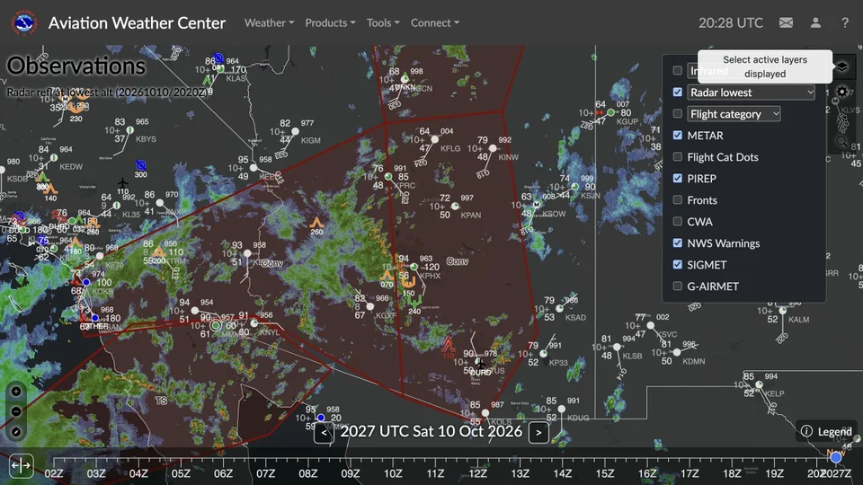 AWC map layer menu with checkboxes for METARs, radar, pilot reports, flight-category dots, and advisories.