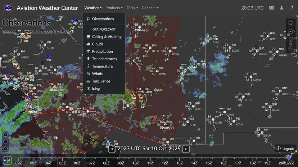 The AWC Weather menu lists Observations and GFA forecasts including Ceiling and Visibility, Clouds, Winds, Turbulence, and Icing.