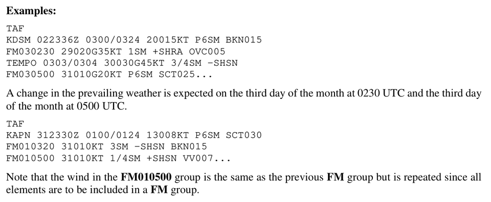 Two original FAA coded TAF examples and explanations show an FM period beginning at 0230 UTC and repetition of unchanged wind in another FM group.