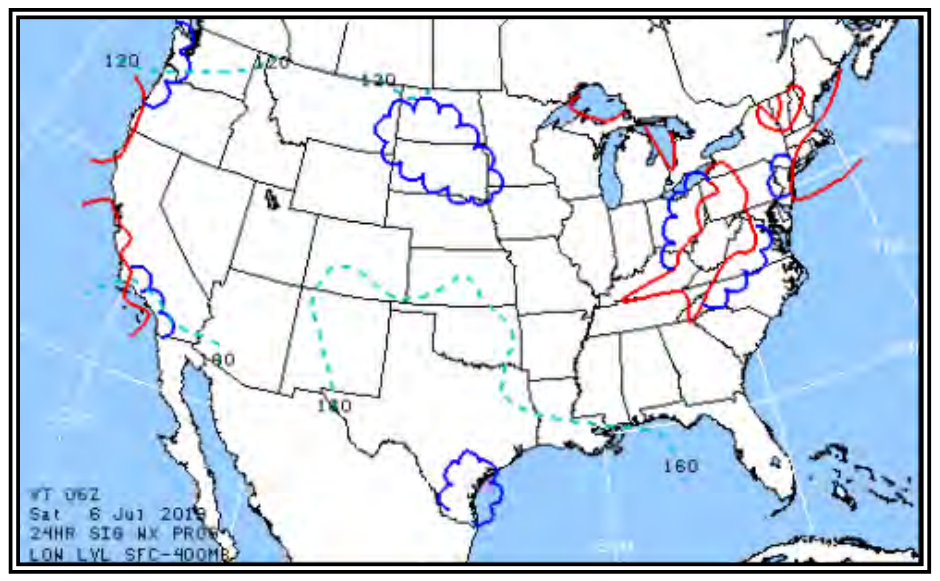 Historical United States low-level significant-weather chart reproduced from the FAA handbook, showing forecast regions and freezing levels.