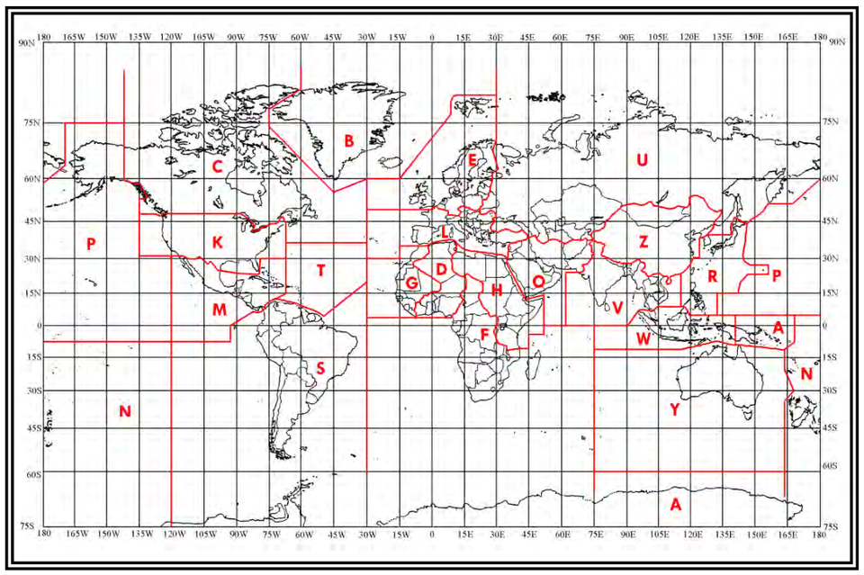 FAA world map with first-letter ICAO identifier regions, including K across the contiguous United States.