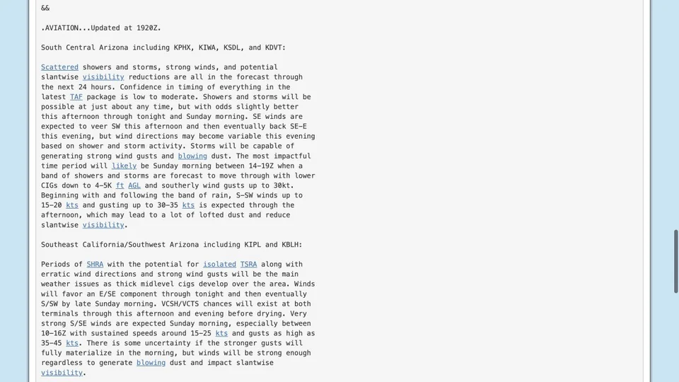The aviation section of an archived Phoenix NWS discussion names the airports, update time, wind concerns, and forecast timing uncertainty.