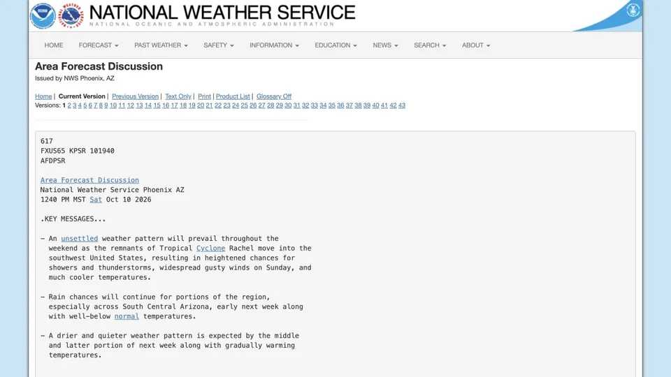 NWS Area Forecast Discussion page identifies Phoenix, Arizona, the current version, and the issuance timestamp.