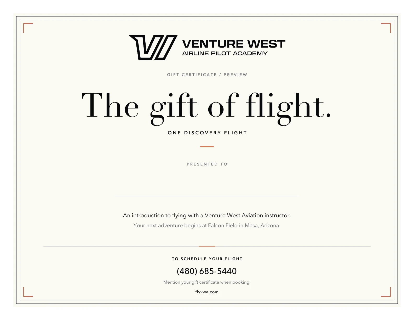 Ivory Venture West gift certificate reading The gift of flight and One discovery flight, with no recipient name